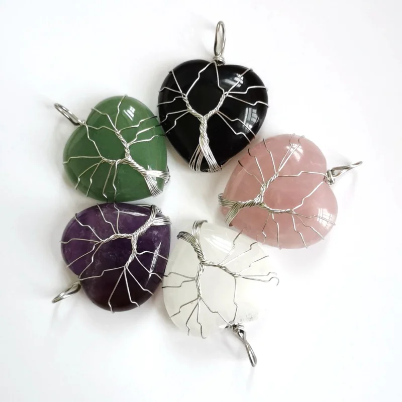 

Natural Stone Silver Plated Heart Crystal Tree of Life Pendant Necklace Natural Stone Pendant for Women Gemstone Jewelry