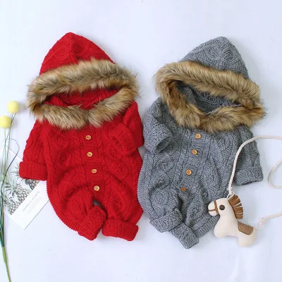 

B54176A Hot selling baby autumn winter warm knitted cute hooded rompers, White/red/gray