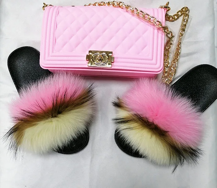 

GW 2020 Hot Sale Shoe and Bag Set Jelly Shoulder Women Hand Bags High Quality PVC Handbags EVA Fox Fur Slides Purse Handbag Sets, Red\black\wine red