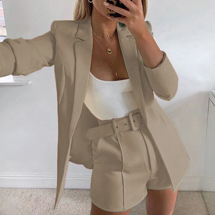 

Business Casual Apparel Women Trendy Notch Collar Long Sleeve Blazer Coat 2 Piece Short Pant Sets, White,black,rose red,khaki,pink