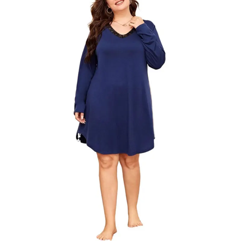 

Special Contrast Color Women Long Sleeve Plus Size Loungewwar Night Pijama Wear Sleep Wear Dress, Solid