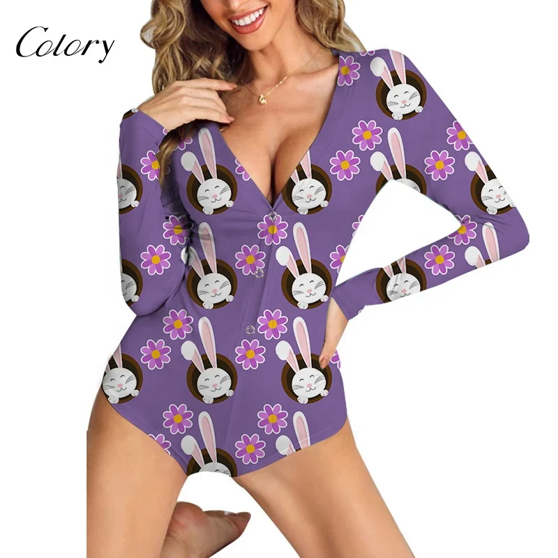 

Colory Hot Print Deep V-neck Button Front Romper Onesie Pajama Bodysuit Short Easter Sleepwear Pajamas For Women, Customized color