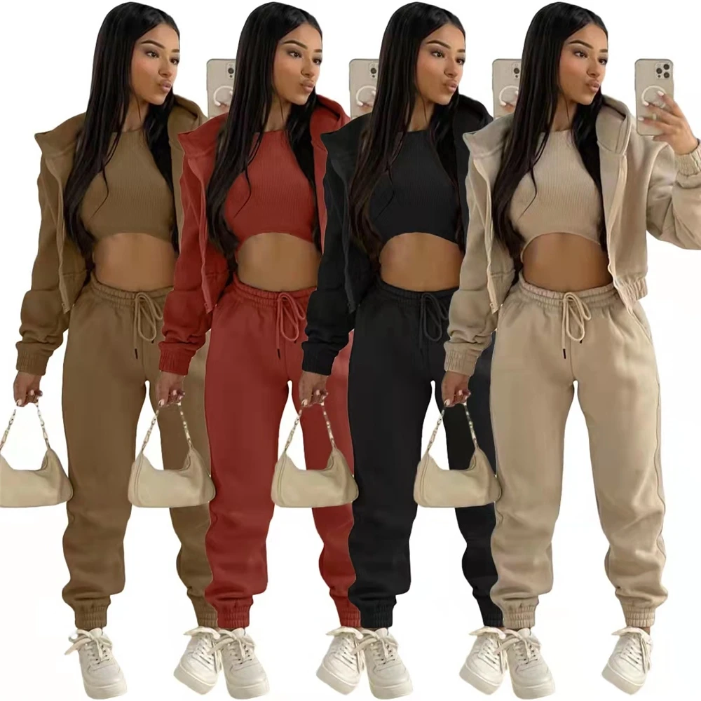 

EB-20111709 2021 Cotton Women Tracksuit Sweatsuit Hooded Casual Thick Joggers Set Hoodies Sweatshirt 3 Pieces Suits Female