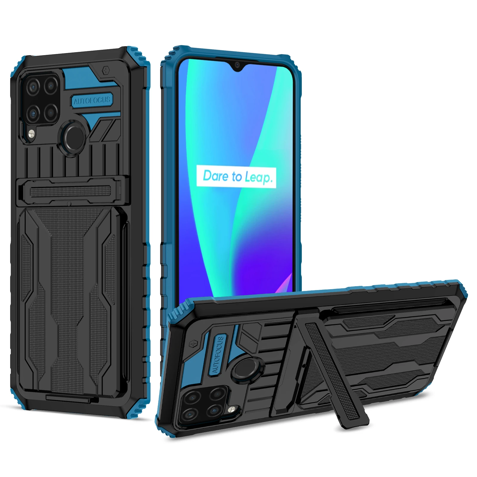 

Luxury TPU PC Hybrid Shockproof Phone Case with Detachable Card Holder and Kickstand For OPPO REALME C15, As pictures