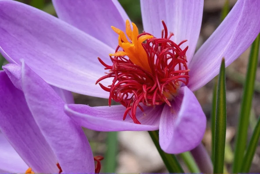 Close-up of Crocus sativus flower showing crimson stigmas
