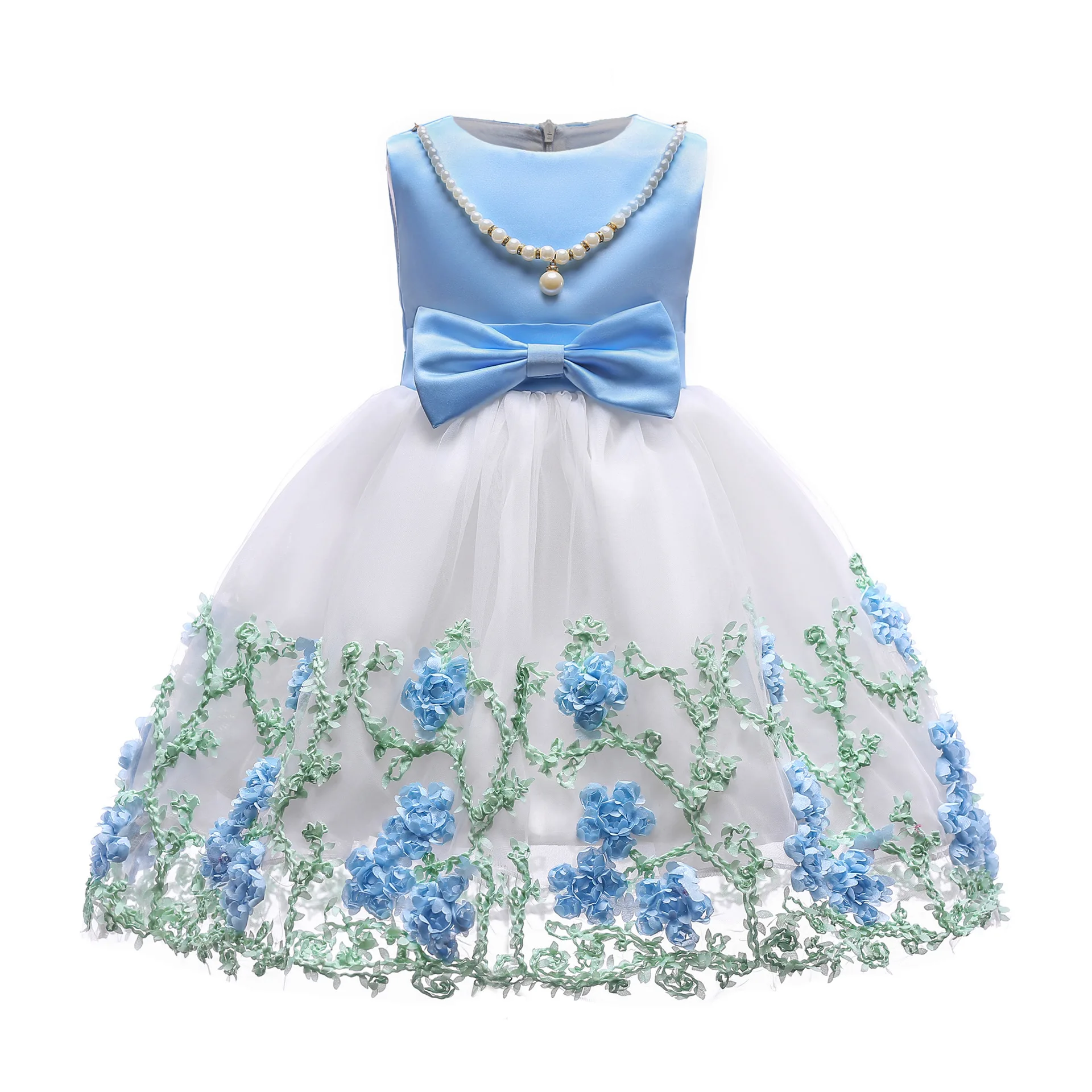 

2021 summer yarn embroidery girls dress spring and summer flowers bow knot net gauze skirt pearl sleeveless silk dress for girls, Pic shows