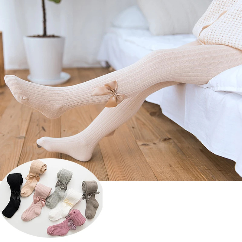 

Solid Color Children Spring Autumn Cotton Baby Pantyhose Ribbed Socks Girls Kids Tights With Bows, 7 colors