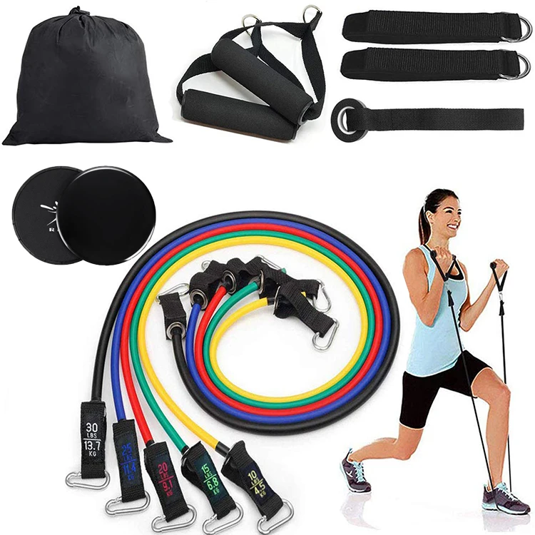 

Resistance Band Set with Exercise Tube Bands Door Anchor Ankle Straps Core Sliders Rise TPE 13 Pieces Carry Bag OEM Latex,tpe, Green blue yellow red black