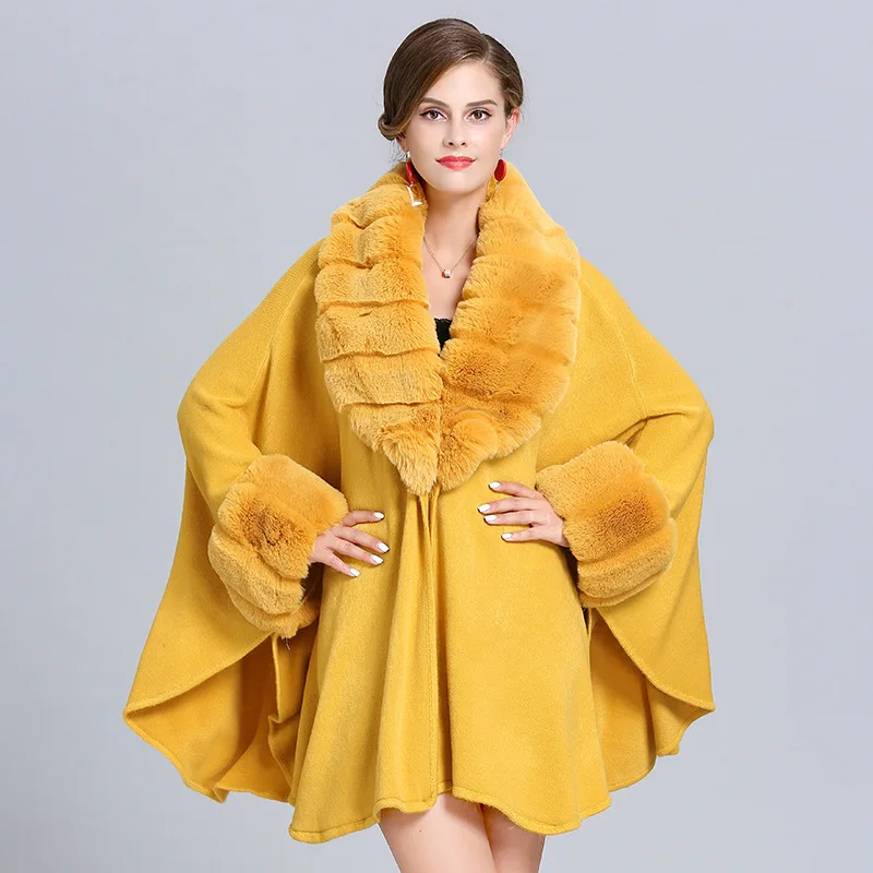 

Autumn/Winter faux fox fur collar knitted plus size coat Poncho for women