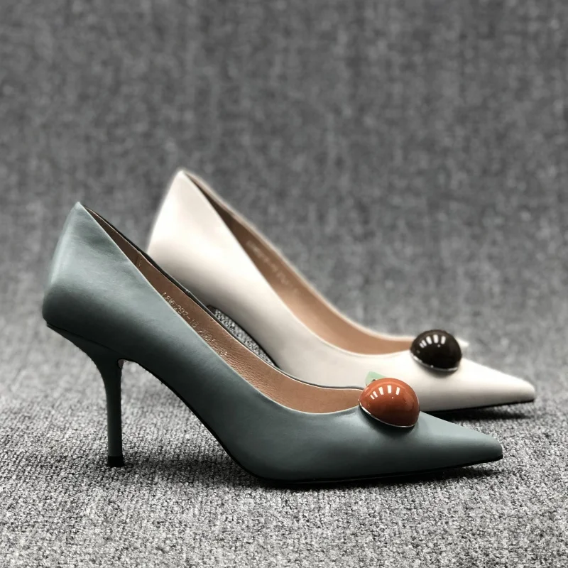 

Pointed toe heels for ladies with pearls genuine leather women pumps shoes high heels 2020