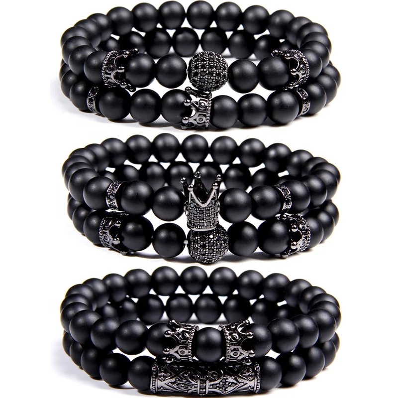 

Fashion Mens Bracelet Jewelry Black Glass Stone Beaded Handmade Charm Bracelet Set, Picture shows