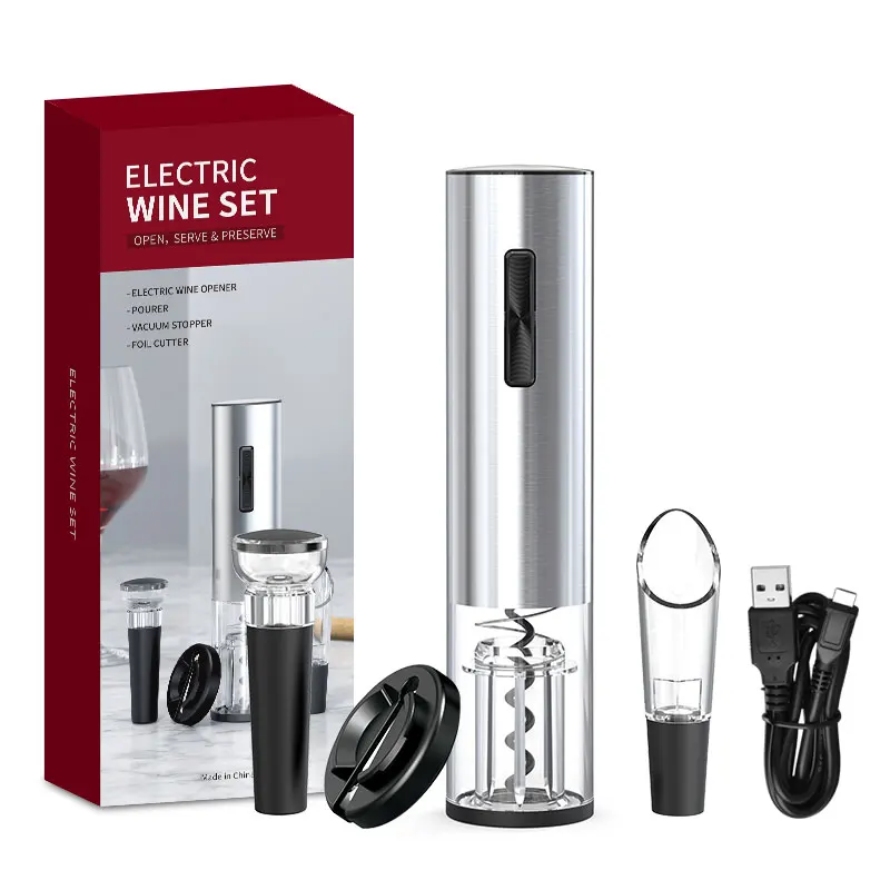 

2022 New Hot Design Amazon Products Luxury Rechargeable Automatic Electric Wine Accessories Bottle Opener Set, Red/silver/blue