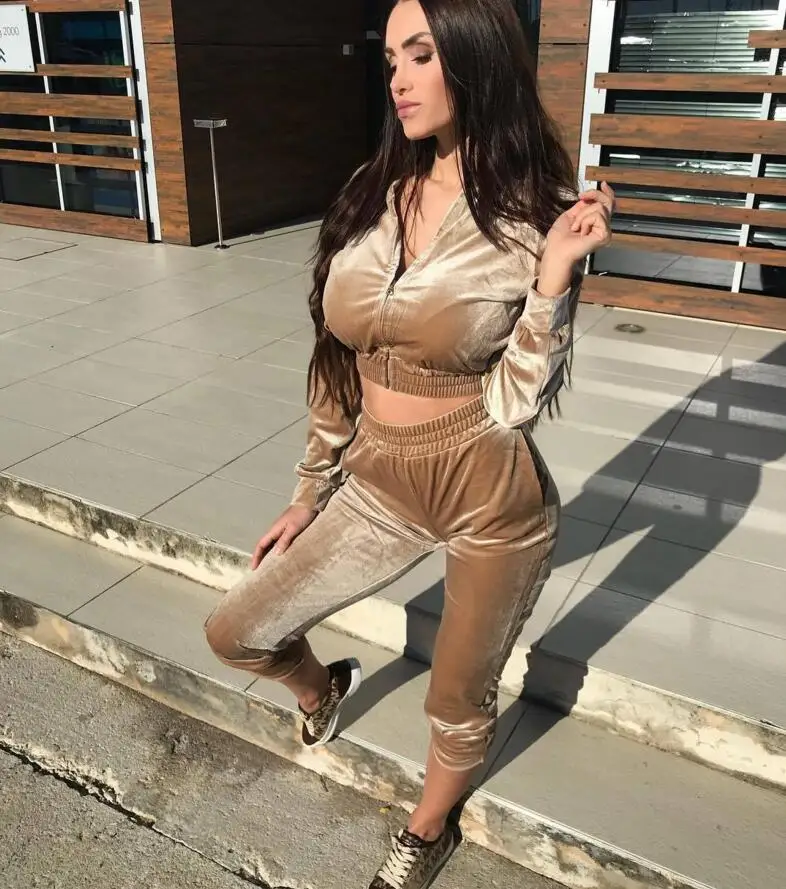 

Rummandy Ladies Velvet Tracksuit wholesale stock soft fabric women sexy jogging sports 2 pieces set zipper crop long sleeve slim