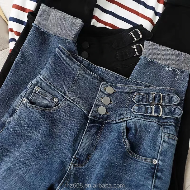 

2021 China Wholesale New Design Fashion Button Fly Denim Skinny Slim Trousers Women High Waisted Jeans
