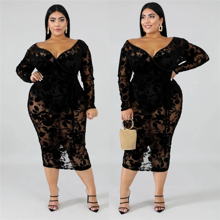 

KG5346 2019 Sexy Fashion Plus Size Women Clothing Lady Deep V Bodycon Long Sleeve See Through Lace Dress V Neck