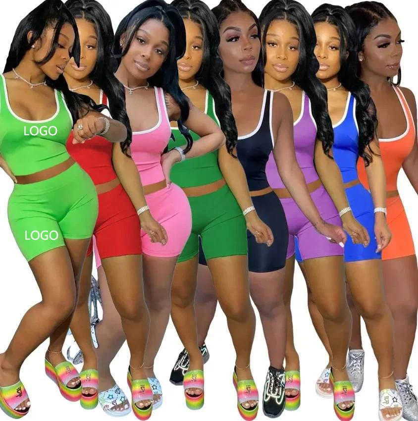 

Custom Logo Spring 2021 Women Two Piece Short Sets Tracksuit Jogger Shorts Tank Top