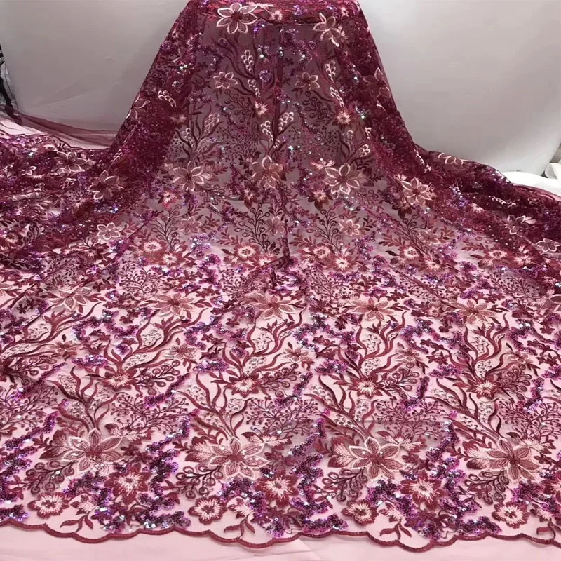

Comely dress floral embroidery material wine red sequins lace fabric, Accept customized color