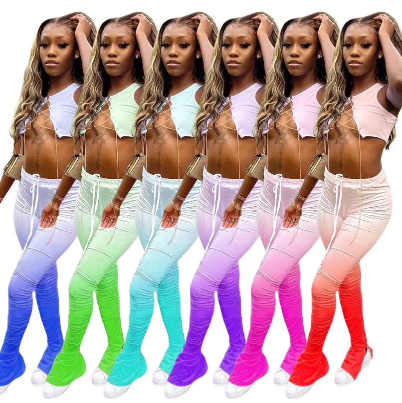 

2020 Top Selling Gradient Color Women Sexy Two Piece Set Flare Leggings With Short Chain Crop Top, As picture