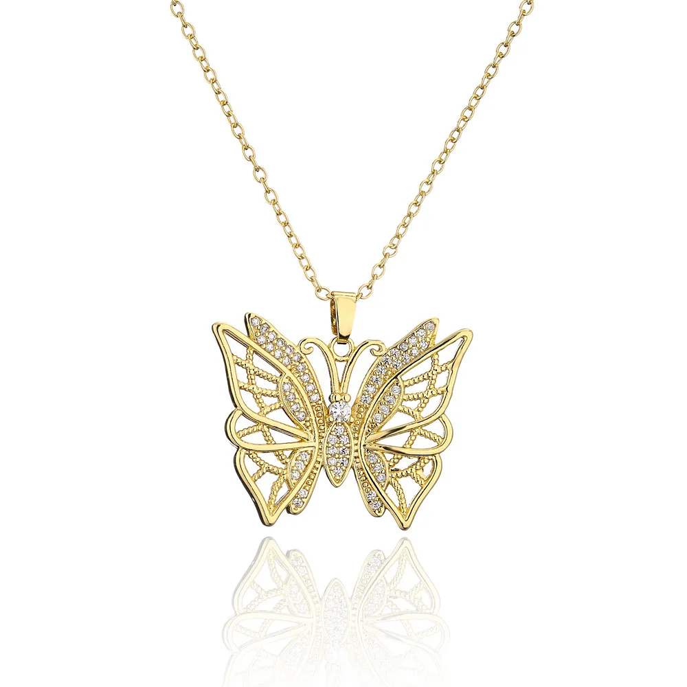 

2022 New Arrivals 18k Gold Plated Hollow Butterfly Pendant Necklace Colored Cubic Zirconia Butterfly Necklace