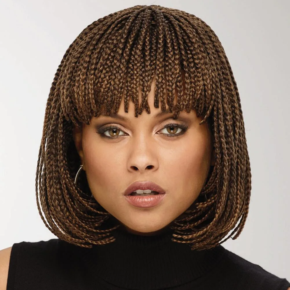 

Supplier Box Braid Wig African Style Classic Woman Braided Hair Synthetic Bob Wig With Bangs Wholesale, Brown