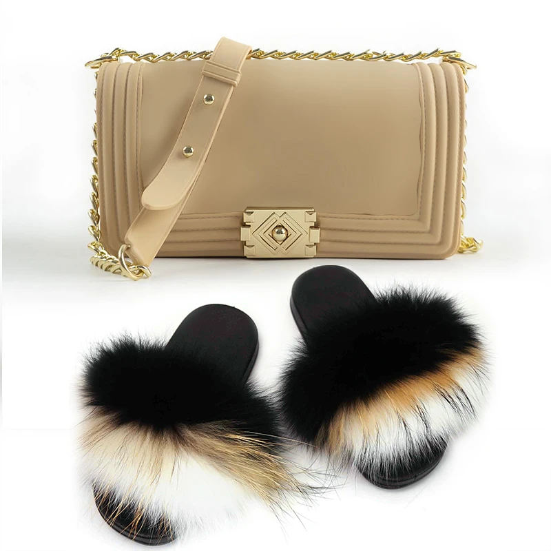 

New arrival rainbow color two piece set jelly purses matching real fur slides for women ready to ship fox fur slipper