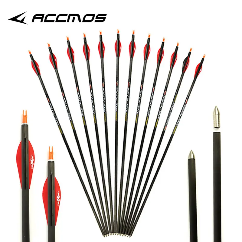 

ACCMOS 32inches ID 9.8 mm Spine 200 250 300 350 Black Pure Carbon Arrow Shaft with point vanes Bow and arrow Archery Accessory