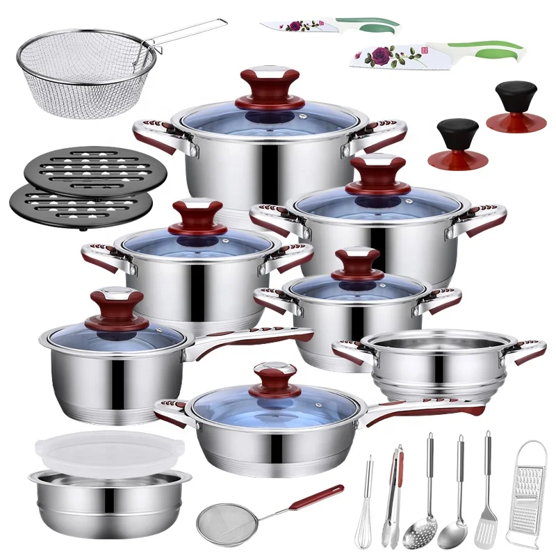 

Best price manufacturer 25pcs Stainless Steel Cookware Sets Cooking frying pans pots Saucepan nonstick Logo custom OEM color red, Customized color