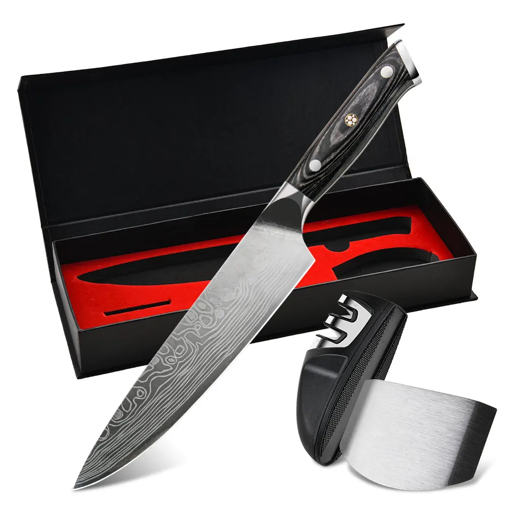 

Cooking set home use two stage chef damascus knife set with gift box & sharpener & finger guard