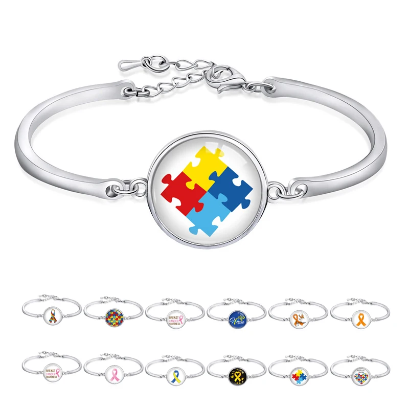 

Autism Awareness Puzzle Pieces Breast Childhood Cancer Down Syndrome Butterfly Pink Orange Ribbon Charm Glass Cabochon Bangles, Silver plated