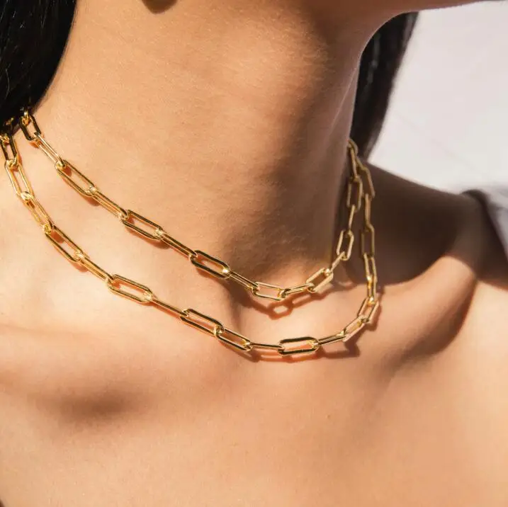 

Stainless Steel Dainty Girls Gold Plated Paper clip Link Chain Necklace Layering Rectangle Chain Paperclip Chain Choker Necklace