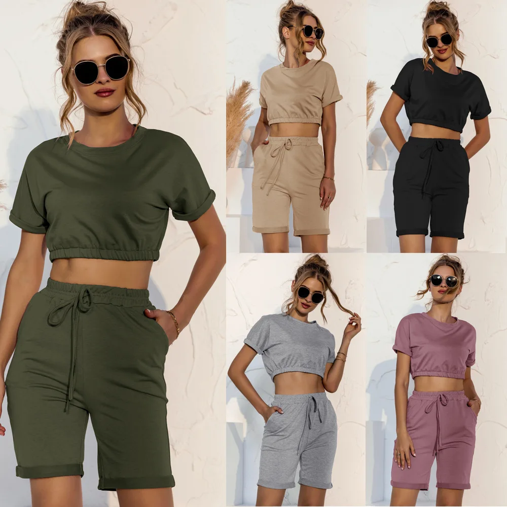 

Women's Cool Style Short-Sleeved Belted Trousers Casual Solid Color Two Piece Suit
