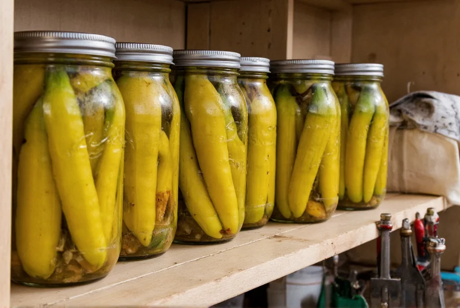 Jars of homemade pickled banana peppers on shelf with gardening tools