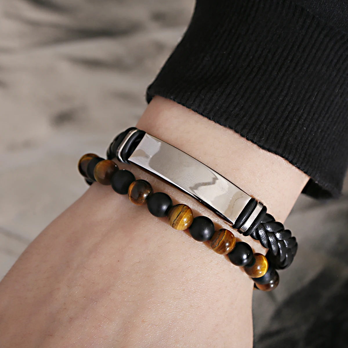 

8MM Tiger Eye Stone Matte Onyx Bead Bracelets Men Women Stainless Steel Leather Bangle Set Jewelry, Multi-colors