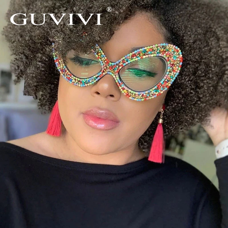 

GUVIVI Luxury Crystal Eyeglasses optical Rhinestone Oversized Cat eyes Blue light blocking glasses river, Mix color