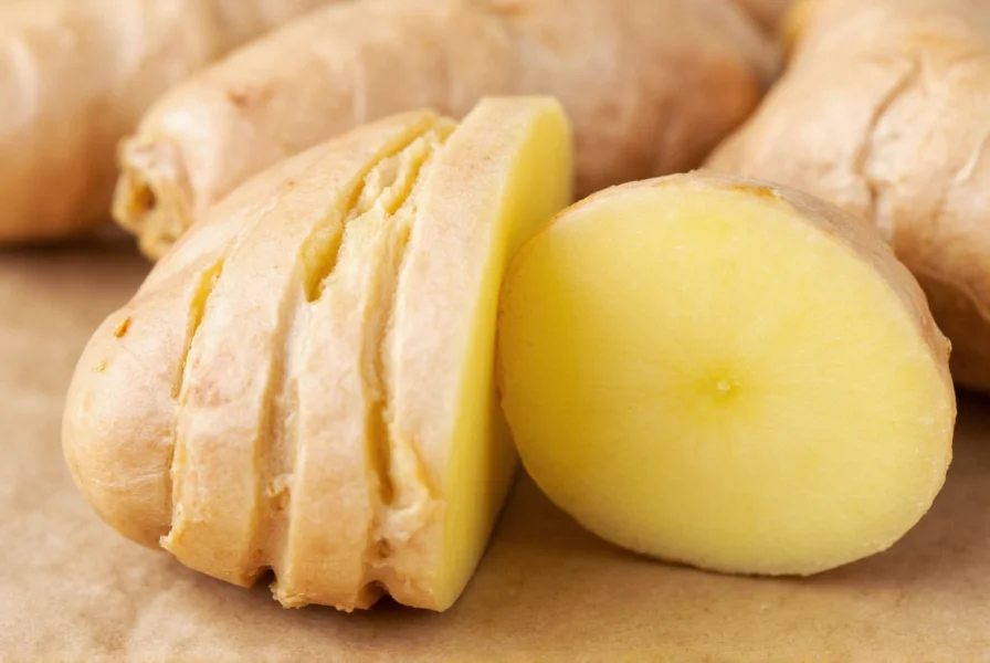 Close-up view of fresh ginger rhizome showing tan skin, segmented structure, and pale yellow interior after peeling