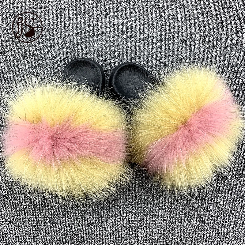 

New design women raccoon fur slippers colorful fur slides fashion fur slippers custom fluffy warm women slippers, Picture