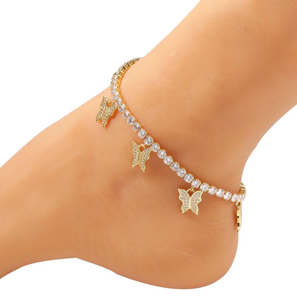 

Summer SeasonShiny Crystal Diamond Gold Plated Bling Bling Cuban Link Butterfly Anklet Foot Jewelry, Gold,silver ,pink