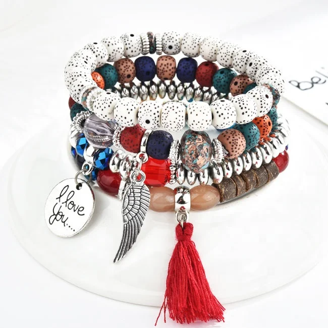 

Fashion 4pcs Vintage Tassel Stone Charm Multilayer Beads Bracelet For Women