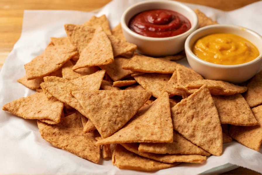 Cinnamon sugar tortilla chips served with three dipping sauces in small ceramic bowls