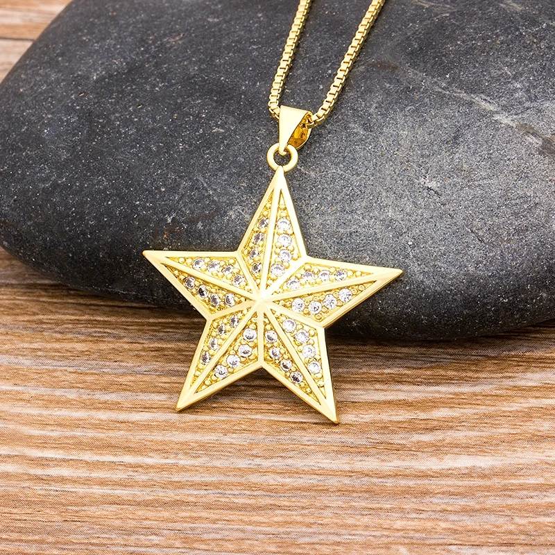 

Hot Sale Star Shape Pendant Necklace For Women Girls Luxury Crystal Statement Copper Zircon Lucky Chokers Necklace Jewelry Gifts, Gold