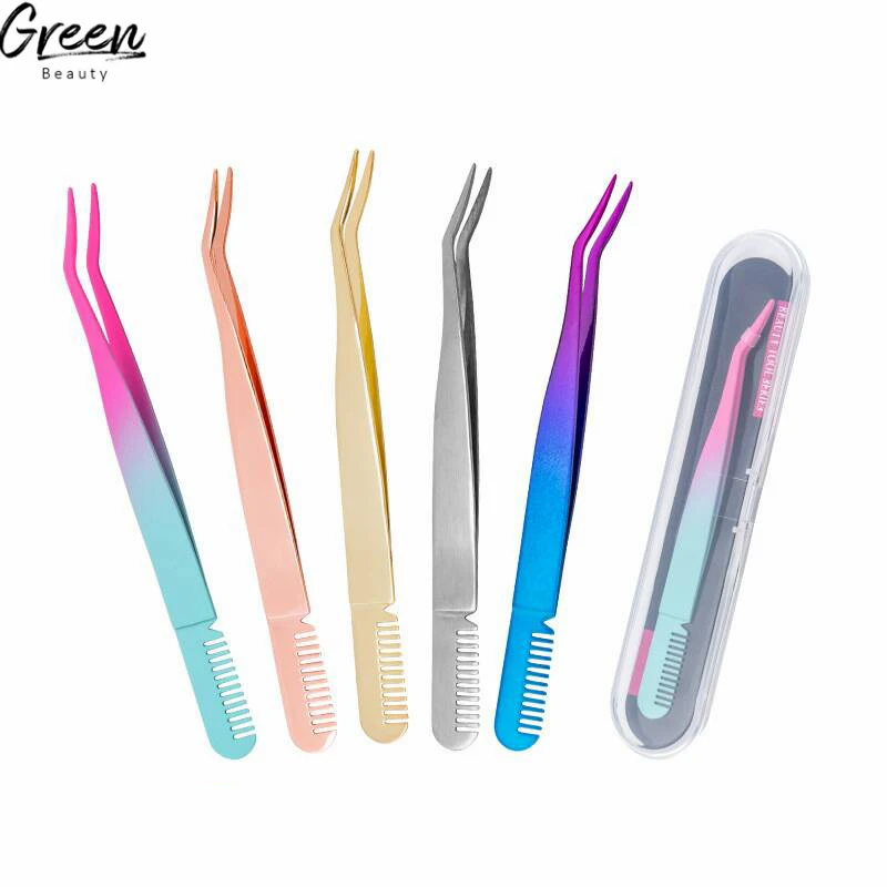 

gold colored false eyelash applicator stainless steel lash applicator wholesale silver comb eyelash tweezers with custom label, Rose gold,gold,silver,black,titanium etc