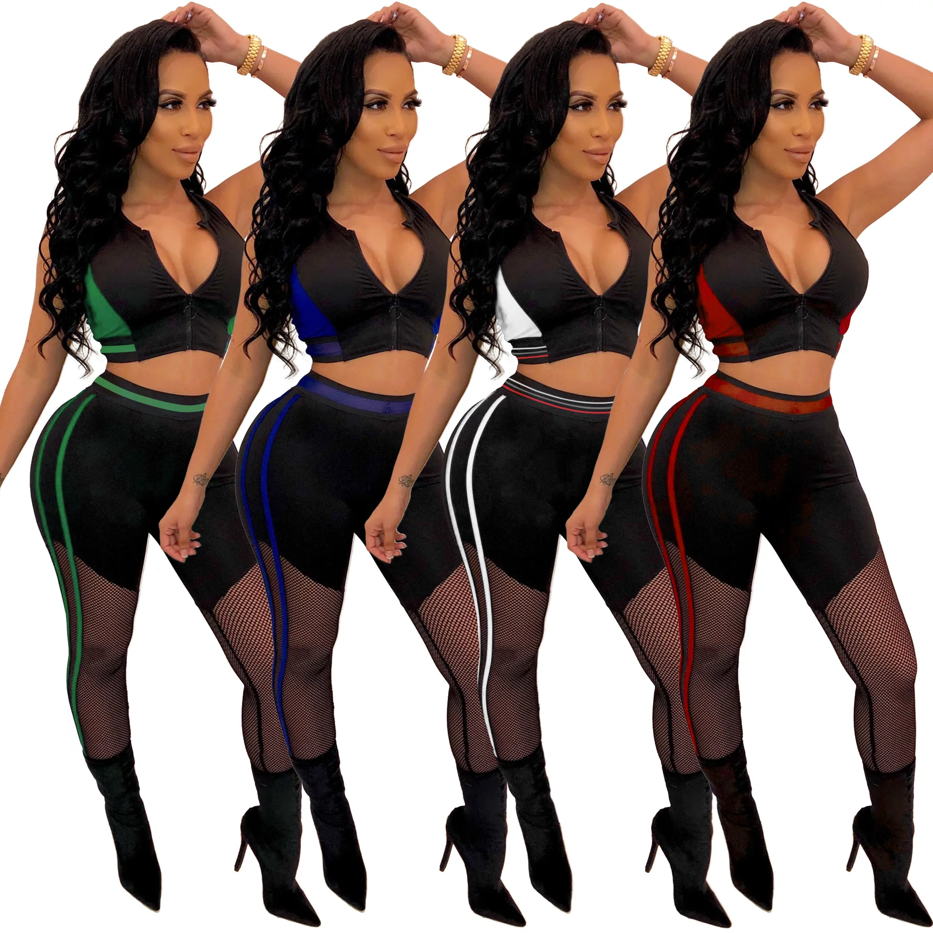 

Women's sexy multicolor stitching mesh slim sports fashion suit, Shown