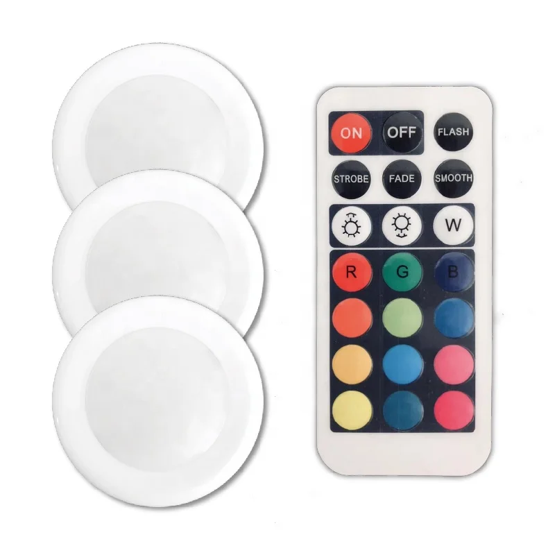 Battery Powered Wireless Dimmable RGB Color Changing Remote Control Under Cabinet Puck Night Light