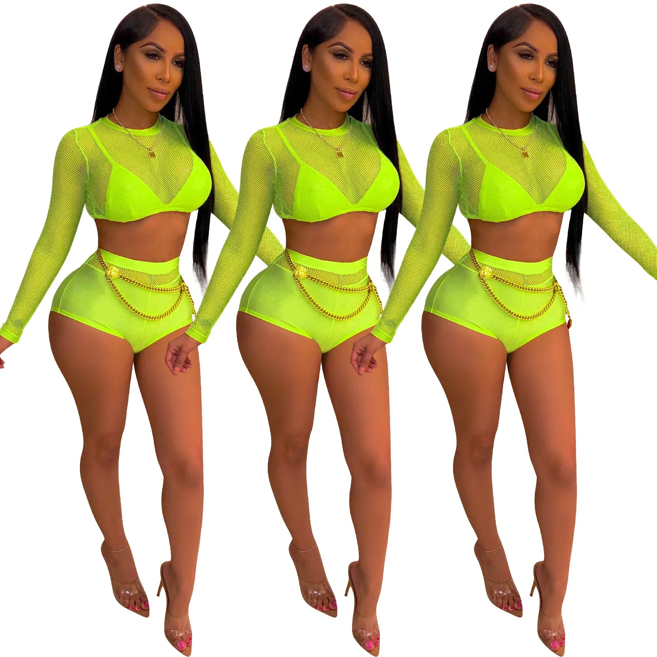 

See Through Backless Long Sleeve Tops and Hot Shorts Matching Set Club Night Wear Mesh Hollow Out Fashion Neon Two Piece Set