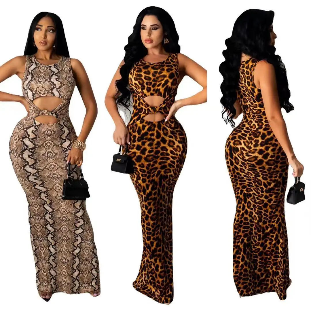 

GX4344 new arrival sleeveless women maxi long dress club stretchy snake print leopard print hollow bodycon dress, Picture