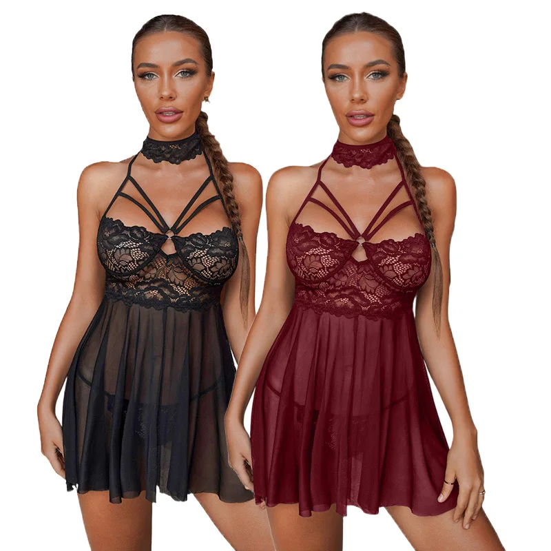 

New Arrivals Lingerie Babydoll Set Lace Sheer Splicing Mesh Transparent Sexy Night Dress