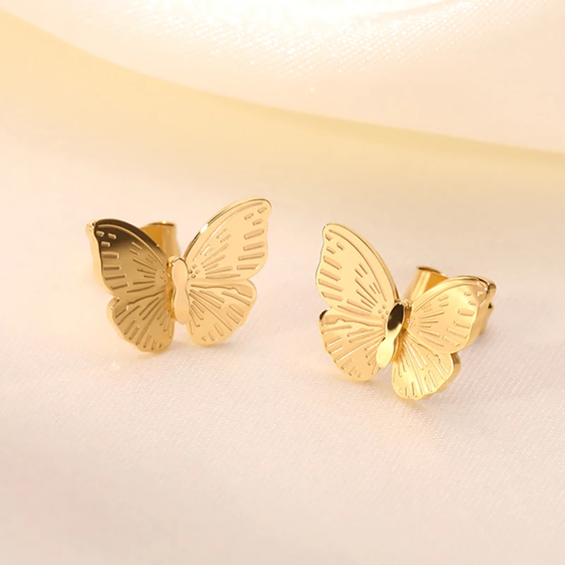 

2021New Design Butterfly Wing Earrings With Long Chain Women's 18K Gold Plated Stainless Steel Butterfly Stud Earrings, As picture