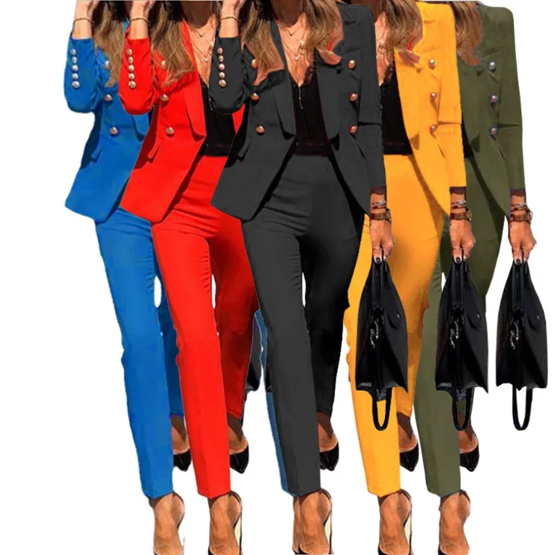 

Autumn Elegant Jacket Notched Solid Color Long Sleeve Blazer Pants Suit Lady Blazers Two Piece Set Suits Women Office Wear