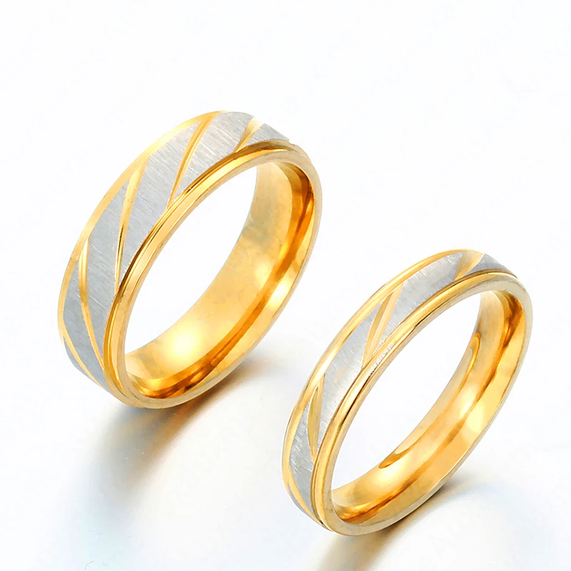 

DEXRLO Fashion titanium Steel Engrave name Lovers Couple Rings Gold Wave Pattern Wedding Promise Ring For Women Men