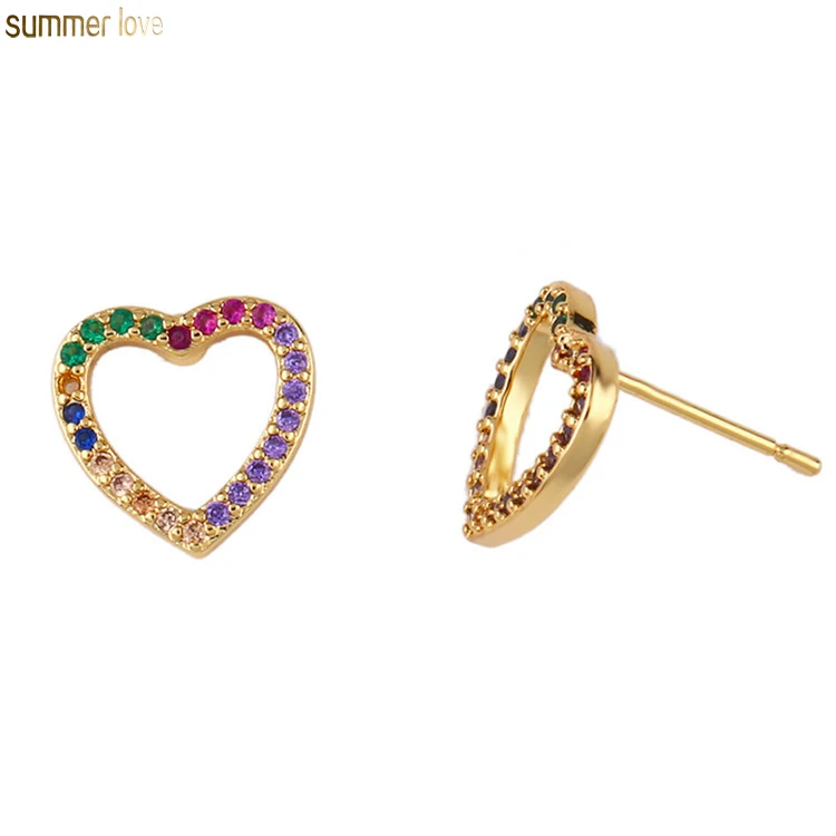 

18k Gold Plated Colorful Rainbow Cubic Zirconia Heart Round Cuff Women Lady Stud Earrings Jewelry